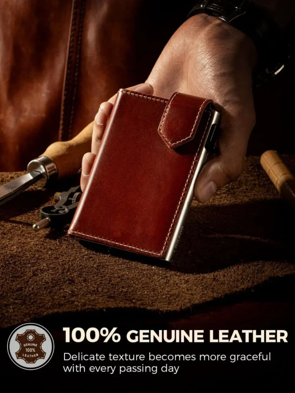 Minimalist RFID Blocking Slim Wallet for Men - Full Grain Leather, Pop Up Card